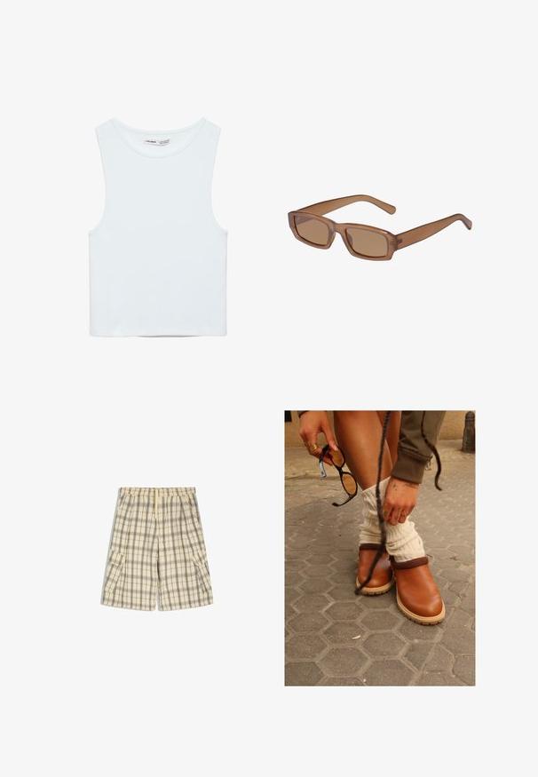 Crop top blanc sans manches avec col rond, en tissu lisse, étiqueté Pull&Bear, adapté pour un usage décontracté.; Short cargo à carreaux beige et gris avec taille élastique, cordon de serrage et poches à rabat sur les deux côtés, posé à plat sur fond blanc.; Personne portant des chaussures marron sans lacets et des guêtres blanches, tenant des lunettes de soleil noires, avec des tatouages visibles sur les mains et des bagues, sur un pavé en pierre.; Lunettes de soleil brunes, rectangulaires, avec une monture transparente, des branches fines et des verres teintés, offrant une texture lisse et un design moderne.
