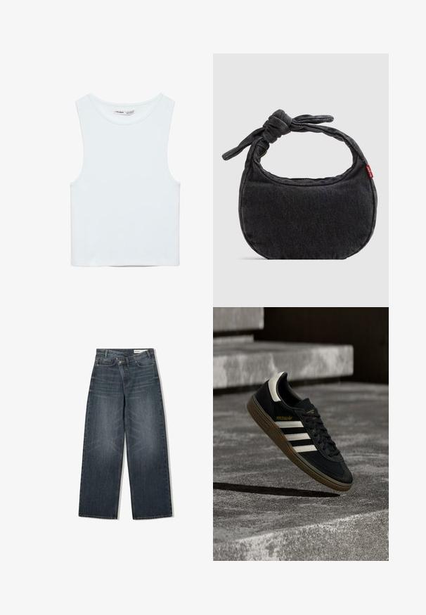 Crop top blanc sans manches avec col rond, en tissu lisse, étiqueté Pull&Bear, adapté pour un usage décontracté.; Jean en denim foncé avec une coupe large, doté d'une taille haute, de cinq poches et d'un léger délavage sur le devant.; Baskets Adidas noires avec des bandes blanches et une semelle en gomme flottant au-dessus d'escaliers en béton gris sous une lumière naturelle.; Petit sac d'épaule en denim noir avec une sangle nouée et une fermeture éclair, arborant une étiquette en tissu rouge Levi's sur le côté.