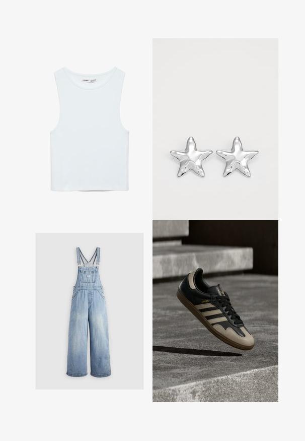 Hvid ærmeløs crop top med rund halsudskæring, lavet af glat stof, mærket Pull&Bear, egnet til afslappet brug.; Lyseblå denim overalls med brede ben, justerbare skulderstropper, frontlomme og metalbuttons på siderne. Klassisk stil med en afslappet pasform.; Sort og beige lædersneaker med tre hvide striber, tanfarvet gummisål og gyldent "Samba"-detalje på siden.; Sølvstjernede øreringe med en poleret, blank overflade. Hver ørering har fem spidser og subtile teksturdetaljer på overfladen.