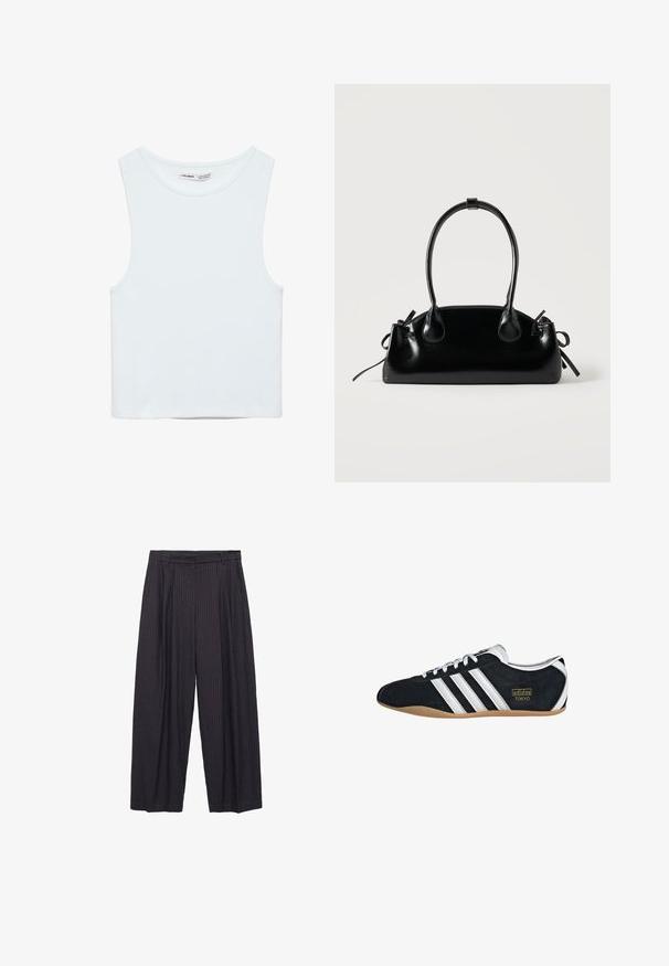 Weißes ärmelloses Crop-Top mit rundem Ausschnitt, aus glattem Stoff, mit dem Label Pull&Bear, geeignet für den Alltag.; Weite Hosen aus dunkelblauem Stoff mit subtilen vertikalen Streifen, ausgestattet mit einem Knopfverschluss und einem strukturierten Bund.; Schwarze Wildledersneaker mit drei weißen Streifen, goldenem Logo und brauner Gummisohle. Merkmale ein niedrigprofiliertes Schnürdesign.; Kleine schwarze glänzende Handtasche mit zwei langen Griffen und seitlichen Kordelzug-Details vor einfachem hellem Hintergrund.