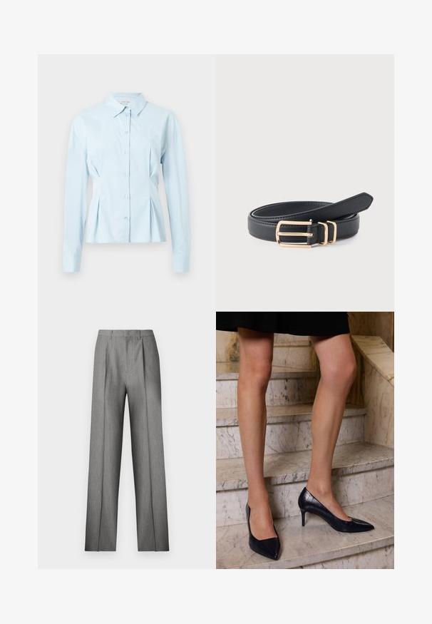 Lichtblauw overhemd met een kraag, lange mouwen, knoopsluiting aan de voorkant en geplooide details bij de taille, gemaakt van gladde stof.; Grijze op maat gemaakte broek met geplooide voorkant, rechte pijpen en een subtiele textuur. Heeft een tailleband met riemlussen en geen zichtbare zakken.; Navyblauwe hoge hakken met een spitse neus, met een gladde en gestructureerde afwerking die lijkt op krokodillenleer.; Zwarte leren riem opgerold met een gouden rechthoekige gesp en twee bijpassende gouden riemlussen op een lichte achtergrond.