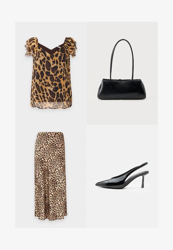 Blusa de estampado de leopardo en tejido transparente, con mangas cortas acampanadas, escote en V y un detalle marrón en los hombros.; Falda larga de estampado de leopardo hecha de tejido suave. Base marrón clara con manchas negras y marrones. Diseño acampanado con dobladillo recto.; Zapato de tacón alto tipo slingback de charol negro con punta puntiaguda y tacón stilettos delgado sobre fondo blanco.; Bolso de hombro rectangular negro con correas largas y delgadas y una textura lisa y brillante sobre un fondo liso.