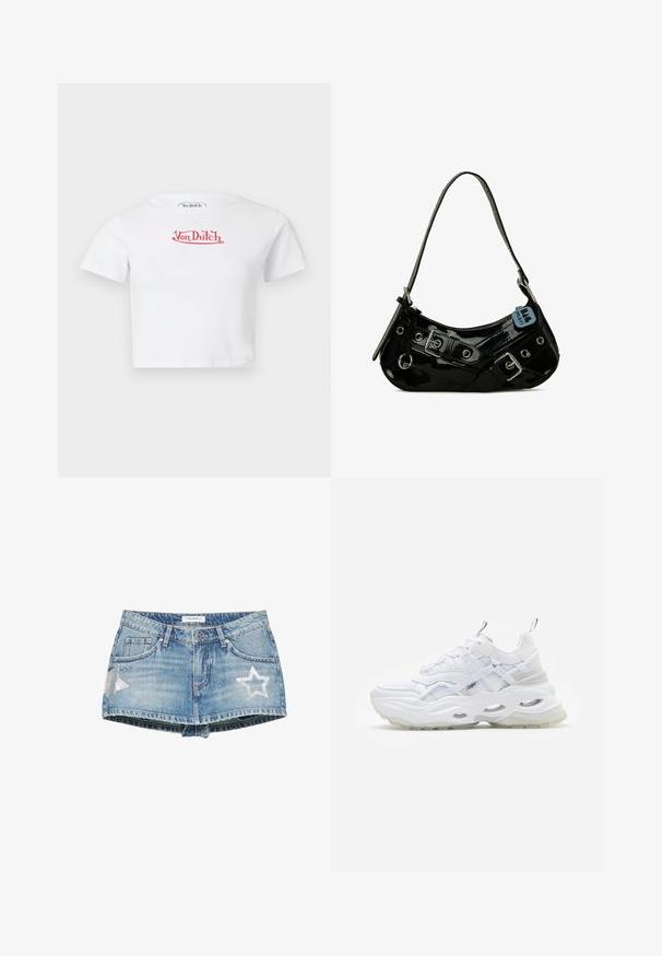 Tricou alb cropped cu mâneci scurte și logo roșu „Von Dutch” centrat pe piept, pe un fundal simplu.; Fustă mini din denim albastru cu patch-uri argintii în formă de stea, mici decorațiuni cu tăvițe, nasture frontal, fermoar și bucle pentru curea.; Adidași albi cu o talpă groasă, cu un superior din plasă stratificată și sintetică, caracterizând accente cu modele, sistem de șireturi și o bucată pentru prindere.; Geantă mică neagră de umăr din piele lacuită, cu curele duble cu cataramă și un mâner scurt, prevăzută cu o etichetă cu marca "Mori".