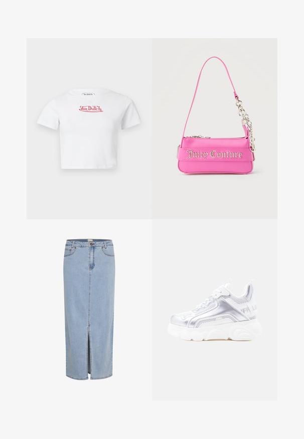 Weißes kurzärmeliges T-Shirt mit rotem "Von Dutch"-Logo in der Mitte der Brust vor einfachem Hintergrund.; Hellblaue Denim-Rock, knielang, mit einem Schlitz vorne, Gürtelschlaufen und einem metallischen Knopfverschluss mit kontrastierenden Nähten.; Weißer und silberner klobiger Sneaker mit dicker, strukturierter Sohle, Mesh- und synthetischen Einsätzen, abgerundetem Zehenbereich und Zuglasche an der Ferse.; Kleine, leuchtend pinke Juicy Couture Handtasche mit silbernen Kettendetails und Logo-Schriftzug auf der Vorderseite, schmaler einzelner Schulterriemen.