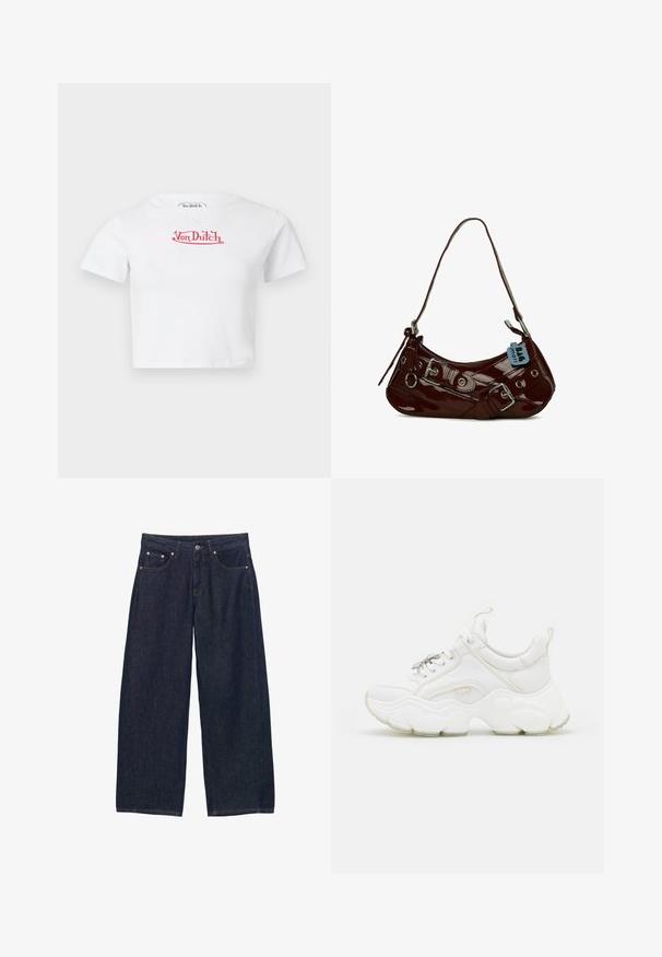 T-shirt blanc court à manches courtes avec logo rouge "Von Dutch" centré sur la poitrine sur fond uni.; Jean en denim bleu foncé à jambes larges avec poches avant, passants pour ceinture et fermeture par bouton à la taille.; Baskets blanches chunky en cuir et mesh, dotées d'une semelle épaisse, d'un bout arrondi et de lacets décoratifs. Accents légèrement texturés.; Sac à main en cuir verni bordeaux avec une forme courbée, accents en métal argenté et une boucle décorative. Il présente une courte bandoulière et une fermeture éclair.