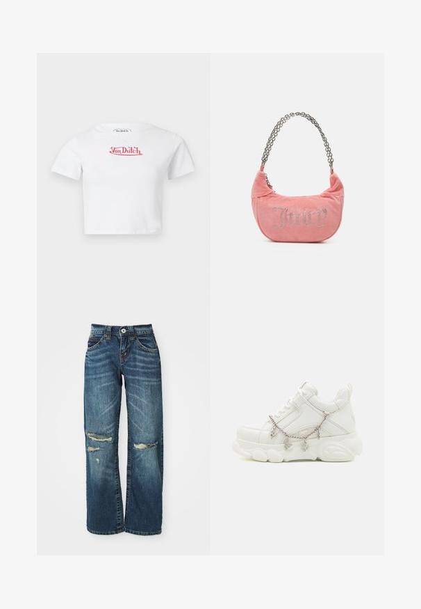 Camiseta blanca de manga corta recortada con el logo rojo "Von Dutch" centrado en el pecho sobre un fondo liso.; Vaqueros de mezclilla azul con corte de pierna ancha, que presentan áreas desgastadas, desgastes deshilachados sobre las rodillas y cierre estándar de botón y cremallera.; Zapatillas blancas con suela gruesa, parte superior de cuero texturizado y cadena de metal decorativa con charms. Presentan cierre de cordones y cuello acolchado.; Juicy Couture KIMBERLY SMALL SET - Bolso de mano - pink