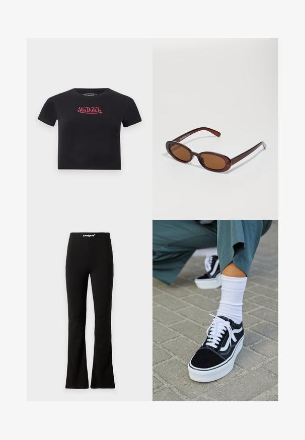 T-shirt court noir à manches courtes avec logo rose « Von Dutch » centré sur la poitrine, présenté sur un fond clair uni.; Leggings noires évasées avec une texture lisse et une taille élastique arborant un logo blanc. Conçus pour le confort et la flexibilité.; Baskets en suède noir avec des accents et des lacets blancs, présentant une épaisse semelle blanche et des coutures contrastantes, associées à une chaussette blanche.; Lunettes de soleil rondes teinte brun avec une monture bordeaux brillante. Branches fines avec un détail de marque subtil. Design de verres plats.