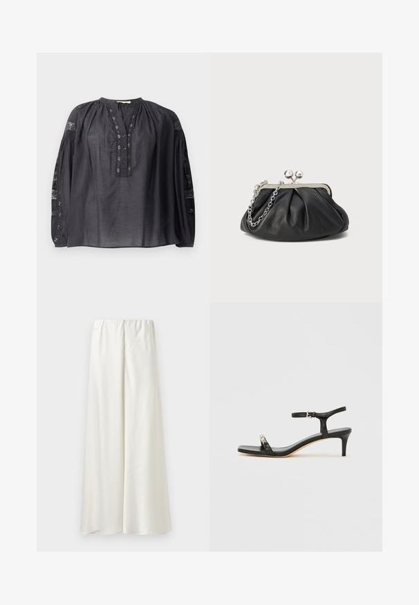 Blouse noire à manches longues en tissu léger, avec une patte de boutonnage devant, un col plissé et des accents en dentelle sur les manches.; Jupe blanche à jambes larges, fabriquée en tissu lisse avec une taille élastique ; présente des coutures minimales et aucun motif ou détail supplémentaire.; Sandale noire en cuir à talon avec bride à la cheville, bout ouvert, devant carré et accent en métal argenté. Design ajusté avec un profil élégant.; Porte-monnaie en cuir noir avec texture froncée, cadre en métal argenté, fermeture à verrouillage kiss-lock et bandoulière en chaîne. Surface lisse et douce.