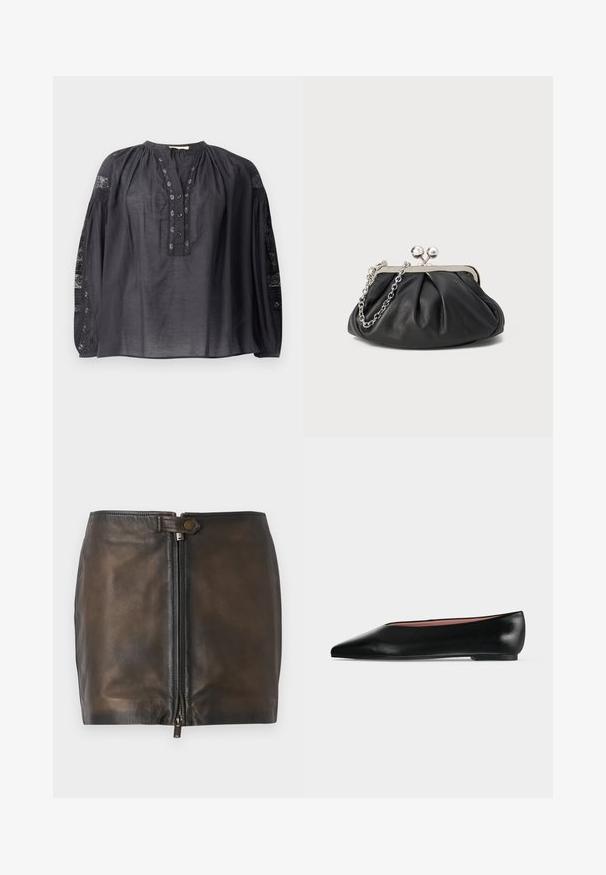 Blusa negra de manga larga confeccionada en tejido ligero, con tapeta de botones al frente, escote plisado y detalles de encaje en las mangas.; Minifalda de cuero negro con cierre de cremallera frontal, textura suave y una cinturilla estrecha. Presenta un pequeño acento metálico en la cinturilla.; Zapato plano negro de cuero para mujer con punta puntiaguda y tacón bajo, mostrado de lado sobre un fondo liso gris claro.; Clutch de cuero negro con textura arrugada, marco de metal en tono plateado, cierre de beso y cadena para colgar. Superficie suave y lisa.