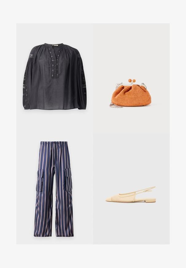 Blusa negra de manga larga confeccionada en tejido ligero, con tapeta de botones al frente, escote plisado y detalles de encaje en las mangas.; Pantalones cargo de rayas marino, fabricados en un tejido suave, con cinturilla elástica, bolsillos laterales y diseño de pierna ancha con rayas contrastantes.; Zapato plano tipo slingback en beige claro con parte superior de malla, punta afilada y tacón bajo. Cuenta con una correa ajustable para un mejor ajuste.; Pequeño bolso de mano tejido en naranja con marco de metal plateado, cierre redondo y una correa de cadena plateada sobre un fondo blanco.