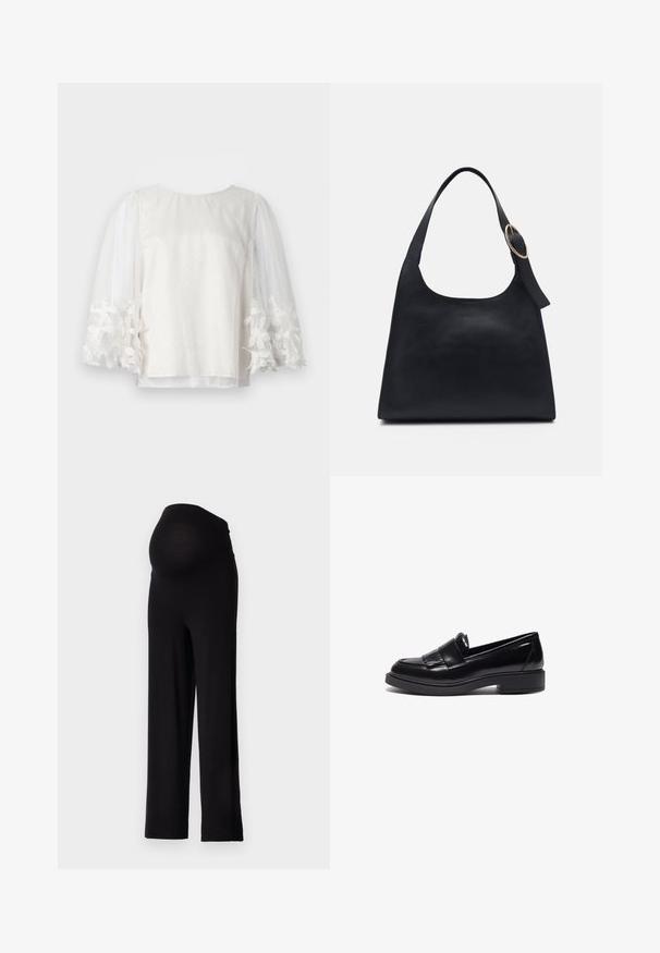 Blusa blanca transparente con lunares, mangas largas abullonadas y puños bordados con flores, expuesta sobre fondo blanco liso.; Pantalones de maternidad negros con una cinturilla elástica y ajustada y un diseño de pierna ancha. Fabricados con una tela suave, que ofrece comodidad y soporte.; Mocasines de cuero negro con un diseño elegante, que incluyen una punta redondeada, flecos decorativos y una suela de goma texturizada y baja.; Bolso tote de cuero negro con textura suave, cuerpo redondeado y una sola correa de hombro con un acento de hardware dorado circular.