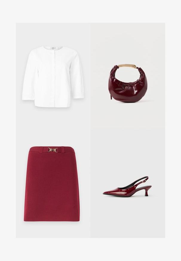 Blouse blanche à manches longues avec encolure ronde, boutons avant cachés et poignets légèrement froncés, présentée sur un fond uni.; Jupe bordeaux longueur genou avec passants de ceinture et détail boucle mors dorée à la taille.; Escarpins à talons aiguilles en cuir verni bordeaux, avec un bout pointu et un élégant talon stiletto. Design à dos ouvert avec une sangle à la cheville réglable.; Sac à main en simili cuir bordeaux avec une forme arrondie, des détails froncés et une anse en métal doré. Texture lisse et finition brillante.