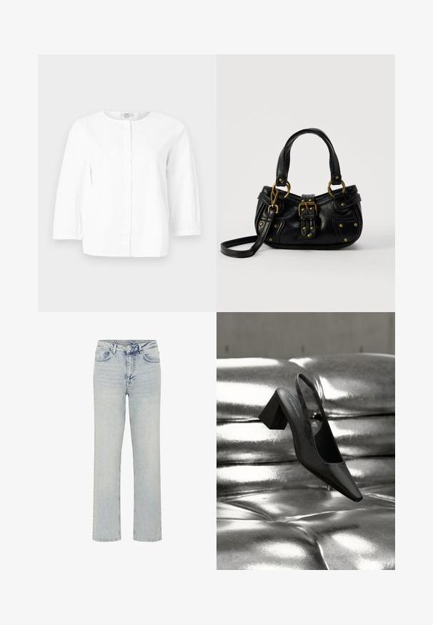 Blusa blanca de manga larga con escote redondo, botones delanteros ocultos y puños ligeramente fruncidos, exhibida sobre un fondo liso.; My Essential Wardrobe WIDE 05 THE LOUIS 139 - Vaqueros boyfriend - light blue dirty wash; Tacón destalonado negro con punta en forma de pico, con superficie texturizada y tacón ancho y grueso. Colocado sobre un fondo metálico brillante.; Bolso de cuero negro con hebilla y detalles de remaches dorados, asas cortas y una correa de hombro ajustable sobre un fondo blanco liso.