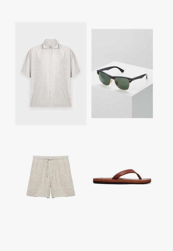 Licht beige shirt met korte mouwen van zachte stof. Voorzien van een klassieke kraag en een knoopsluiting met zeven knopen.; Lichtbeige linnen short met elastische tailleband en trekkoord, rechte pijpen, zonder zichtbare merken of patronen.; Bruine leren flip-flops met een gestructureerde band, een gevoerde voetbed en een zwarte rubberen zool. Zijkant van het ontwerp benadrukt de slanke stijl.; Ray-Ban zonnebrillen met groene lenzen, zwarte plastic monturen en gouden accenten aan de randen. Vierkante vorm met een matte afwerking.