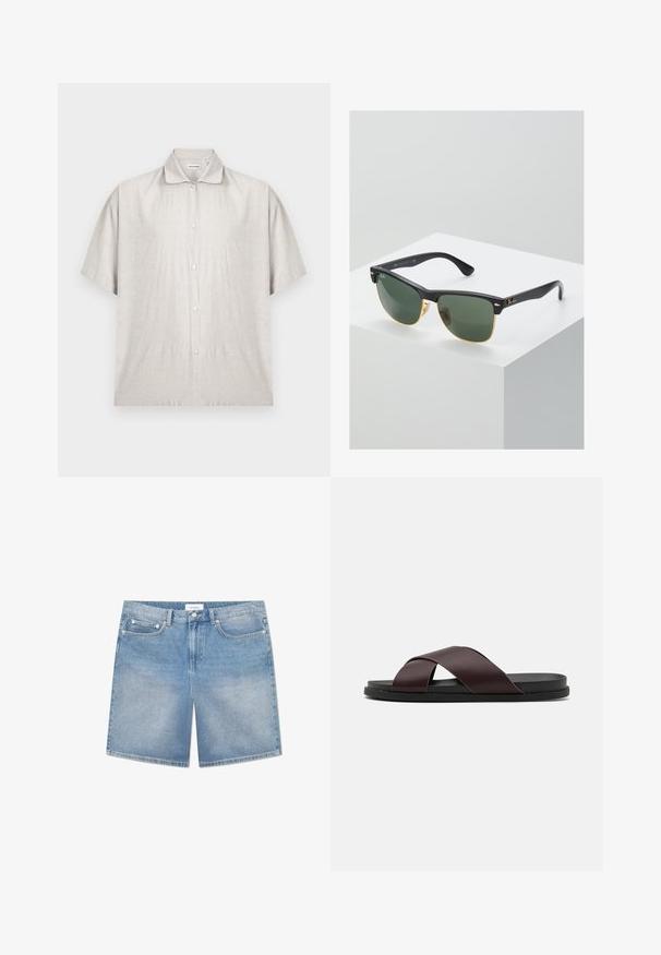 Licht beige shirt met korte mouwen van zachte stof. Voorzien van een klassieke kraag en een knoopsluiting met zeven knopen.; Lichtblauwe denimmerken met een rechte snit, vijf zakken, subtiele vervaging en een merklabel op de tailleband. Katoenen materiaal met klassieke stiksels.; Bruine sandaal met kruisbanden, voorzien van een matte afwerking, vlakke zwarte zool en een gladde textuur. Minimalistisch ontwerp zonder zichtbare bevestigingsmaterialen.; Ray-Ban zonnebrillen met groene lenzen, zwarte plastic monturen en gouden accenten aan de randen. Vierkante vorm met een matte afwerking.