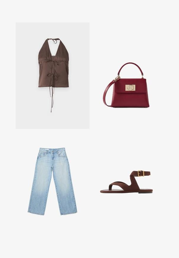 Brauner Haltertop aus glattem Material, mit tiefem V-Ausschnitt, verstellbaren Krawatten-Trägern und einem frontalen Krawatten-Detail für eine figurbetonte Passform.; Hellblaue Jeans mit geradem Bein, Nieten entlang der äußeren Nähte und vorderen Taschen, ausgestattet mit Knopf- und Reißverschluss.; Braune Wildleder-Sandale mit rutschfestem Design, Knöchelriemen mit Schnalle und flacher Sohle. Offene Zehen mit glatter Textur.; Bordeauxrote Lederhandtasche mit gebogenem oberen Griff, abnehmbarem Riemen und rechteckiger goldener Schnalle auf der Vorderklappe.