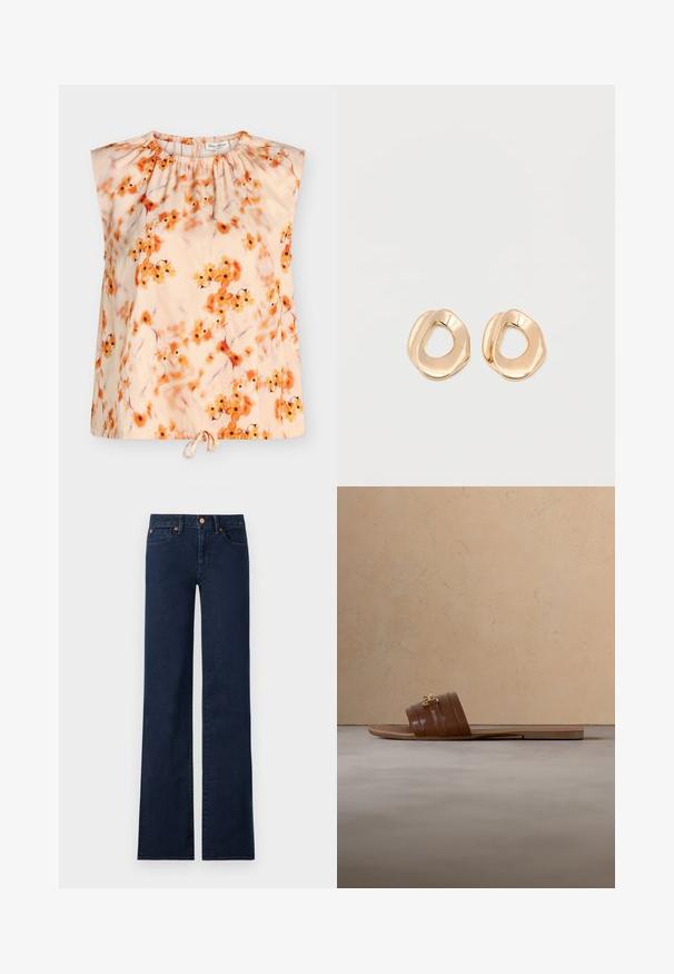 Αμάνικο μπεζ μπλουζάκι με σούρες στο ντεκολτέ, πορτοκαλί floral σχέδιο και κορδονάκι στο τελείωμα.; Σκούρο μπλε τζιν με ψηλή μέση, ίσια φαρδιά πόδια, μπροστινές τσέπες και λεπτομέρειες από χαλκό σε λευκό φόντο.; Καφέ δερμάτινο σανδάλι χωρίς κορδόνια με χρυσή αγκράφα, τοποθετημένο κοντά σε στρογγυλό ξύλινο τραπεζάκι καφέ και στοιβαγμένα βιβλία σε μια μινιμαλιστική αίθουσα καθιστικού.; Ζευγάρι σκουλαρικιών κρίκος από μέταλλο σε χρυσή απόχρωση με γυαλιστερό φινίρισμα και ακανόνιστο σχήμα, με ανοιχτό κέντρο, σε λευκό απλό φόντο.