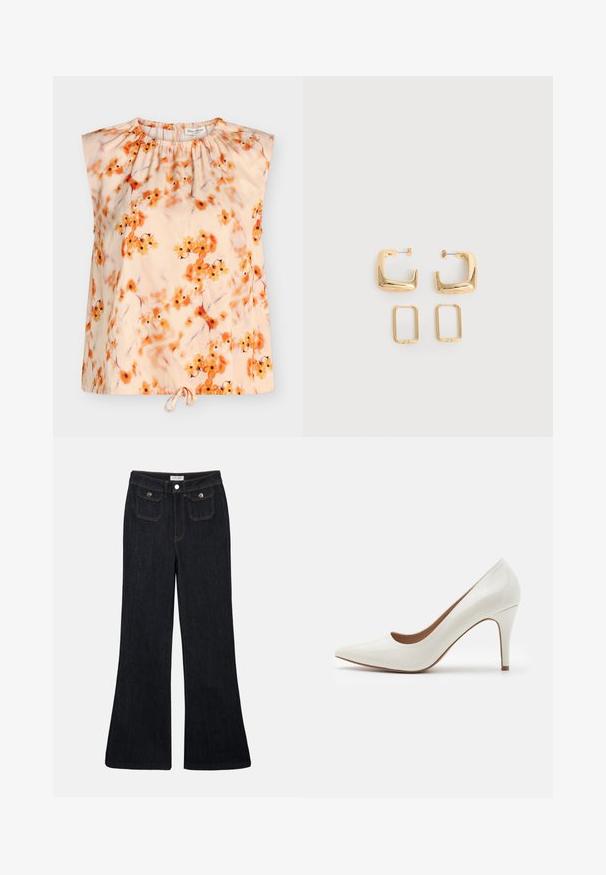 Ærmeløs beige bluse med samlet halsudskæring, orange blomsterprint og snor i kanten.; Sorte denim jeans med høj talje, flared ben, to frontlommer og orange syninger. Materialet ser solidt og glat ud.; Hvide patentlæder højhælede sko med spids tå og en glat overflade, der har en slank hæl og en lav skæring omkring åbningen.; To par guldfarvede geometriske hoop-øreringe på en ensfarvet hvid overflade, et par firkantede og solide, et par rektangulære og hule.