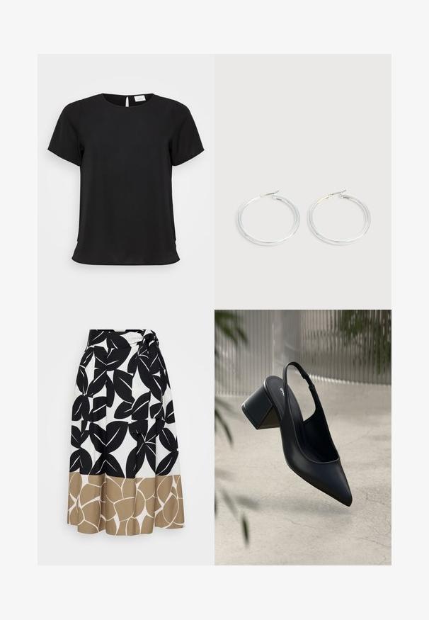 Sort kortærmet top med rund halsudskæring, lavet af glat stof, der har en let drapering og en diskret slids detalje bagpå.; Persona by Marina Rinaldi ZENITH - Maxinederdele - verde kaki; Sort læder slingback hæl med spids tå og blokhæl. Glat tekstur, minimalistisk design og justerbar ankelrem.; Par skinnende sølvøreringe med tynde trådlåse, vist på en lys grå baggrund.