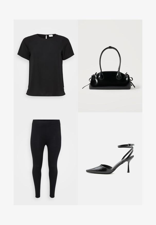 Sort kortærmet top med rund halsudskæring, lavet af glat stof, der har en let drapering og en diskret slids detalje bagpå.; Sorte leggings med en glat tekstur, høj talje og en tætsiddende form. Har subtile sidelayout langs sømmen.; Sort spids højhælet sko med tynde ankelremme og sølvspænde på en ensfarvet lys baggrund.; Lille sort blank håndtaske med to lange håndtag og snøre-detaljer i siden på en ensfarvet lys baggrund.