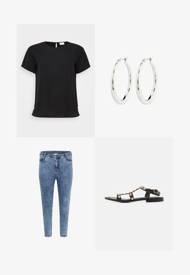 Haut noir à manches courtes avec un col rond, fabriqué en tissu doux, présentant un léger drapé et un détail de fente arrière de bon goût.; Jean skinny en denim bleu avec taille haute, cinq poches et fermeture éclair. Le tissu a une texture légèrement décolorée avec des coutures contrastantes.; Billi Bi Sandales - black; Boucles d'oreilles créoles en argent avec une finition lisse et brillante. Forme circulaire, dotée d'un fermoir sécurisé. Design simple et élégant.