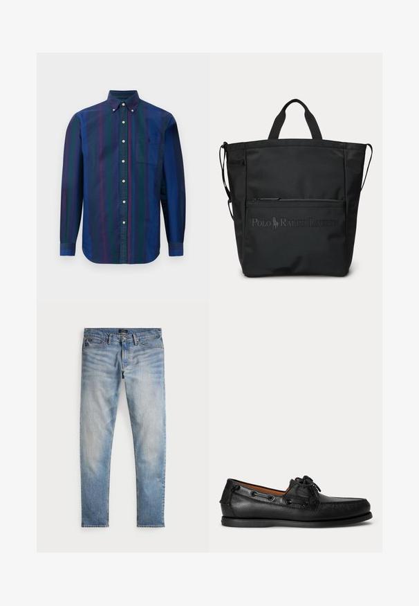 Hemd mit Knopfleiste und vertikalen Streifen in Dunkelblau, Grün und Kastanienbraun. Hergestellt aus einem Stoff mit glatter Textur und ausgestattet mit einer Brusttasche.; Helle blaue Denim-Jeans mit einem ausgewaschenen Finish, Fünf-Taschen-Design und kontrastierenden Nähten. Mit Reißverschluss und Gürtelschlaufen. Gerade geschnitten.; Schwarzer Ledermokassin mit Schnürdetail und flacher Gummisohle, seitlich auf hellem Hintergrund gezeigt.; Schwarze Tragetasche mit kurzen Griffen, vorderer Reißverschlusstasche und geprägt Polo Ralph Lauren Logo.