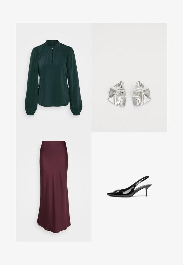 Blusa de color verde oscuro con un alto cuello fruncido, apertura en forma de llave y mangas largas abullonadas. Fabricada con un tejido suave y ligero.; Falda maxi de satén burdeos con una textura suave y un diseño ajustado, que presenta una silueta recta y un ligero drapeado en la cintura.; Tacones slingback de charol negro con punta afilada y acabado brillante. Presentan un tacón delgado y un acento redondeado en el empeine.; Pendientes de metal plateado con un diseño ondulado y escultórico, que presentan un acabado pulido y formas irregulares, destacando una estética contemporánea.