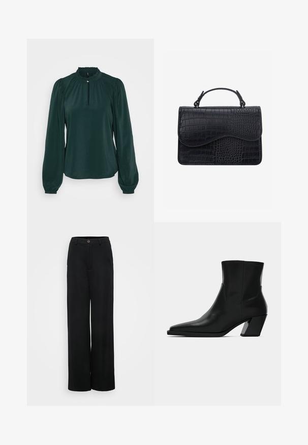 Blouse vert foncé avec un col froncé haut, une ouverture en forme de trou de serrure et de longues manches bouffantes. Fabriquée à partir d'un tissu lisse et léger.; Pantalons noirs à jambes larges avec une texture lisse, dotés d'une fermeture à bouton et de poches avant. Design classique et polyvalent, idéal pour diverses occasions.; Bottine en cuir noir avec un bout pointu, une silhouette élégante et un talon carré massif. Texture lisse avec des détails de couture minimalistes.; Sac à main en cuir noir avec texture crocodile, forme rectangulaire, rabat incurvé et poignée courte sur le dessus.