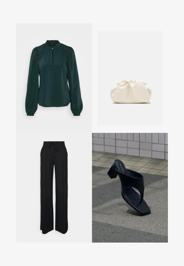 Blouse vert foncé avec un col froncé haut, une ouverture en forme de trou de serrure et de longues manches bouffantes. Fabriquée à partir d'un tissu lisse et léger.; Pantalons larges noirs en tissu doux. Dotés d'une taille élastique avec cordon de serrage, de lignes épurées et sans motifs ni accents visibles.; Sandale à talon noire avec bout carré et large bride, posée sur un bitume gris près d'un mur carrelé.; Pochette en cuir souple couleur crème avec un design froncé et une fine bandoulière reposant à l’avant sur un fond uni.