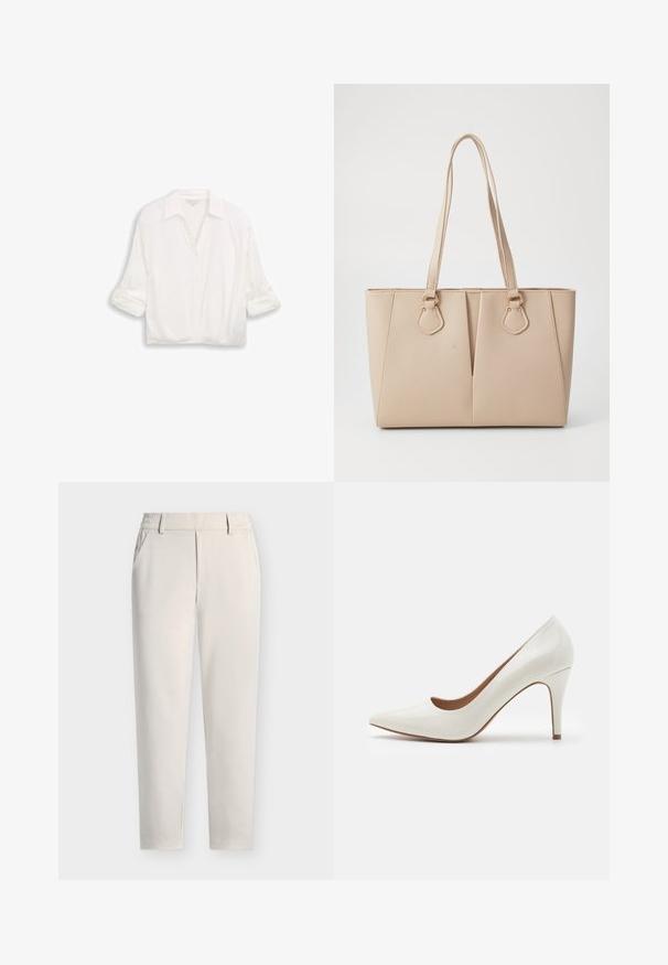 Blouse blanche à manches longues avec col, boutons sur le devant et manches retroussées, présentée sur un fond uni.; Pantalon beige droit avec passants pour ceinture, poches latérales et fermeture éclair à l'avant sur un fond uni.; Chaussure à talon haut en cuir verni blanc avec un bout pointu et une surface lisse, dotée d'un talon fin et d'une découpe basse autour de l'ouverture.; Sac fourre-tout beige en faux cuir texturé, doté de poignées doubles et d'accents en métal doré. Le design présente un détail avant fendu.
