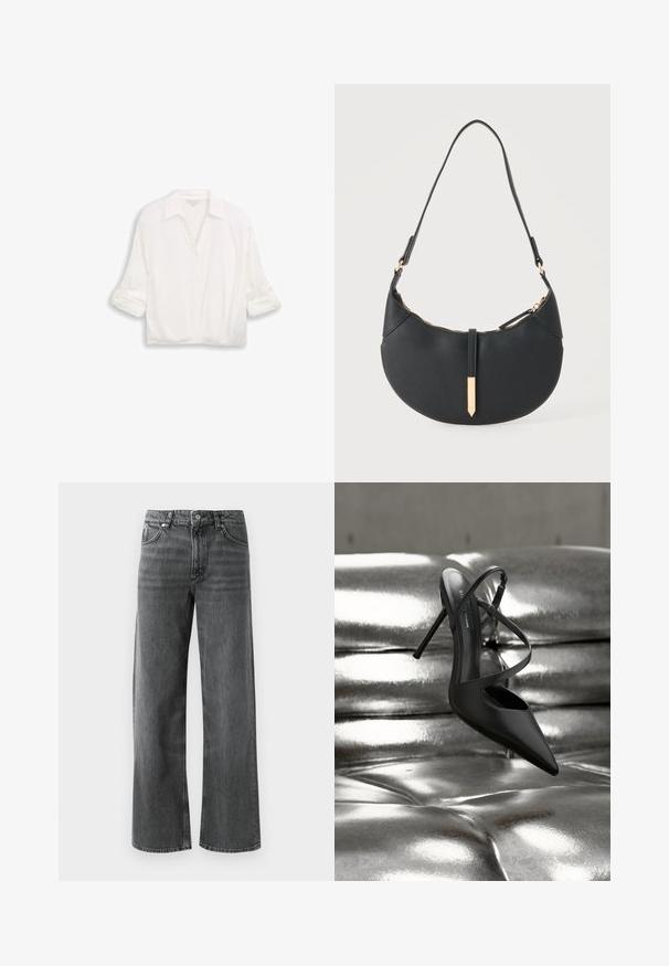 Hvid langærmet bluse med krave, knapper ned foran, og opkrøllede ærmer, præsenteret mod en ensfarvet baggrund.; Løse sorte denimjeans med en let falmet finish, der har fem lommer og en knaplukning. Kontrastsyning i designet fremhæver stilen.; Sort spids tå stilet hæl med krydsede stropper, hvilende på en skinnende sølvfarvet polstret læderoverflade.; Sort håndtaske formet som en halvmåne med en enkelt rem, guld lynlås og en guldfarvet rektangulær dekorativ fane foran.
