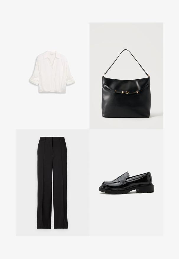 Blusa blanca de manga larga con cuello, botones en frente y mangas remangadas, exhibida sobre un fondo liso.; Pantalones negros con un diseño de pierna recta, con dos pliegues en la parte frontal, una cinturilla y sin bolsillos visibles ni adornos.; Mocasín de cuero negro brillante con suela gruesa de tacos y tira tipo "penny", mostrado de perfil sobre un fondo blanco liso.; Bolso de hombro de cuero negro con una sola correa y un pequeño detalle de hebilla dorada en la parte delantera sobre un fondo claro y liso.