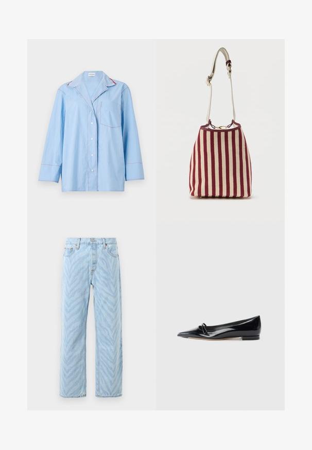 Chemise bleu clair à boutons, à manches longues, avec des coutures contrastées rouges et une poche poitrine. Tissu doux avec une coupe décontractée.; Jeans droit light blue avec un motif subtil de rayures zèbres, fermeture par bouton et zip, et design à cinq poches.; Chaussure plate en cuir verni noir avec un bout pointu, une petite lanière décorative et un petit talon carré. Texture lisse et design épuré.; Sac bandoulière avec rayures verticales rouges et beiges, quincaillerie dorée et bandoulière crème ajustable avec détail tressé.