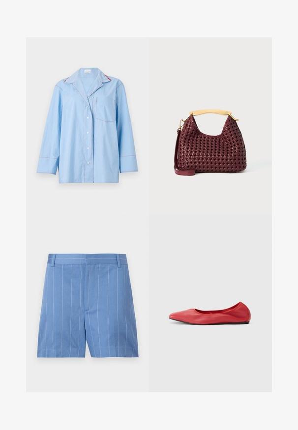 Chemise bleu clair à boutons, à manches longues, avec des coutures contrastées rouges et une poche poitrine. Tissu doux avec une coupe décontractée.; Shorts bleu clair avec des rayures verticales blanches, présentant une texture lisse, un devant plat et une taille standard avec des passants de ceinture.; Filippa K REY FLATS - Ballerines - bright red; Sac en cuir tressé rouge foncé avec une courte anse en métal doré et une bandoulière amovible, sur fond blanc.