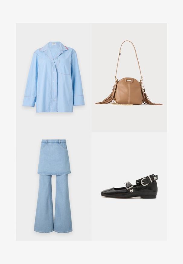 Helles blaues Hemd mit langen Ärmeln, mit roten Kontrastnähten und einer Brusttasche. Weicher Stoff mit lockerer Passform.; Hybrid aus Jeansrock und Hose, aus hellblauem Stoff mit ausgestellten Beinen und sichtbaren Steppnähten. Mit vorderen Taschen und einem Bund gestaltet.; Schwarze Lackleder-Ballerina mit eckiger Zehenpartie, Knöchelriemen mit silberner Hardware und flacher Sohle. Glatte Textur mit minimalistischen Design.; Kleine hellbraune Lederschultertasche mit langem Riemen, goldenem Kettendetail und Fransen an beiden Seiten vor neutralem Hintergrund.