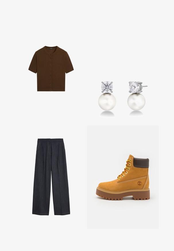 Brun kortærmet strikket cardigan med rund hals og knaplukning foran, lagt fladt på en hvid baggrund.; Bredbenede mørke denimbukser med to forlommer, plisseret design og synlig orange syning på kanter og sømme. To-knap talje lukning.; Tan vandtæt ankelstøvle med en robust gummisål, rund tå, brun læderkrave, gule snørebånd og et logo på siden.; Perleøreringe med en hvid kugleformet base med en klar rund krystal på toppen. Sølvbeslag forankrer designet og fremhæver elegancen.