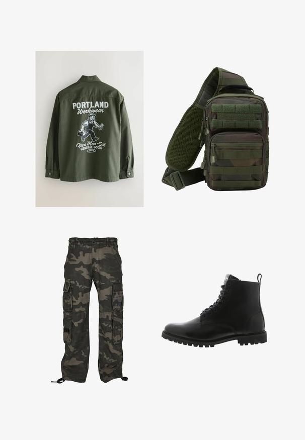 Chaqueta de trabajo verde oliva con cuello abotonado, que presenta un gráfico blanco en la parte posterior de una persona, una caja de herramientas y texto en fuente negrita.; Pantalones cargo de camuflaje en verde oscuro y gris, con múltiples bolsillos laterales, cierre de botón y cordones ajustables en los tobillos.; Botín de cuero negro hasta el tobillo con punta redonda, cierre de cordones en la parte delantera, suela robusta y un lazo en la parte trasera para facilitar su uso.; Mochila tipo bandolera en camuflaje verde con múltiples bolsillos con cremallera, una correa ajustable y un panel trasero de malla para ventilación.