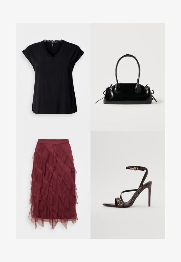 T-shirt noir à manches courtes avec col en V, fabriqué en tissu doux, avec un bord en dentelle le long du décolleté. Design simple avec une coupe décontractée.; Jupe en tulle bordeaux à niveaux, avec une taille ajustée, présentant des couches froncées qui créent un aspect texturé et une fluidité.; Sandale à talons hauts en cuir verni bourgogne avec une bride de cheville, bout pointu et trois bandes horizontales sur le pied. Détail de boucle dorée.; Petit sac à main noir brillant avec deux longues anses et des détails à cordon sur les côtés sur un fond clair uni.