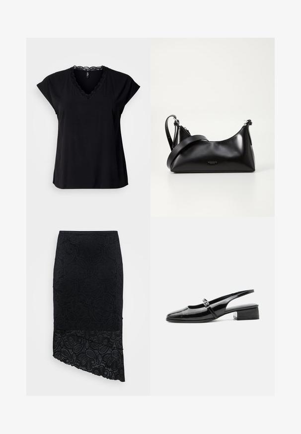 Schwarzes Kurzarm-V-Shirt aus weichem Stoff, mit Spitzenbesatz entlang des Ausschnitts. Einfaches Design mit lockerem Schnitt.; Schwarzer Rock mit strukturiertem Paisleymuster, asymmetrischem Saum und Spitzeneinsatz am unteren Rand. Hergestellt aus einem weichen, dehnbaren Stoff.; Schwarzer Slingback-Schuh aus Lackleder mit niedrigem Blockabsatz und dünnem Riemen mit silberner Schnalle oben.; Schwarze lederne Handtasche mit glatter Textur. Verfügt über einen verstellbaren Riemen und ein elegantes, minimalistisches Design mit einem Reißverschluss.
