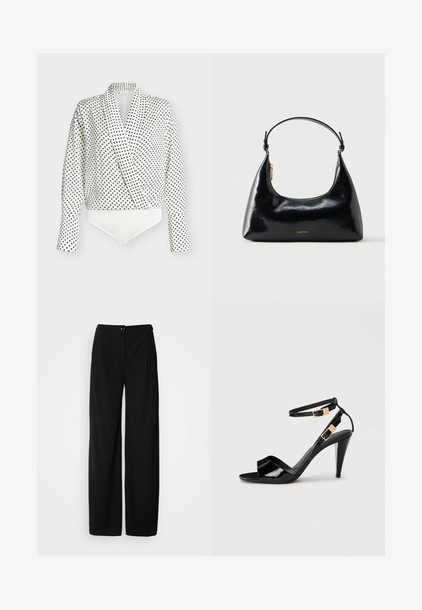 Body blanc à manches longues avec un design croisé, présentant un motif à pois noirs, un tissu doux et une partie inférieure blanche lisse.; Pantalons large en noir avec un tissu tissé lisse ; dotés d'une fermeture à bouton et d'un design plissé pour une silhouette structurée.; Sandale à talon haut en cuir verni noir avec double bride de cheville et boucles dorées, bout ouvert, et talon effilé sur fond neutre.; Sac à main Calvin Klein noir brillant avec fermeture éclair dorée et anse courte sur fond blanc uni.