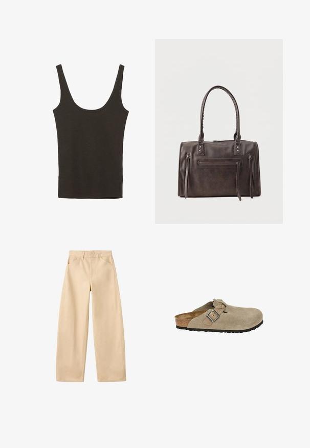 Mørkebrun ærmeløs tanktop med brede skulderstropper og en rund halsudskæring, lagt fladt på en hvid baggrund.; Beige bukser med vide ben, bæltestropper, forlommer og et rent, enkelt design, lagt fladt på en hvid baggrund.; Beige ruskindsklipklapper med rund tå, justerbar rem og spænde, kork-mellemsål og tekstureret sort gummisål for godt greb.; Mørkebrun læderhåndtaske med dobbelte håndtag, front lynlåslomme og to lodrette lynlåsdetaljer på siden på en hvid baggrund.