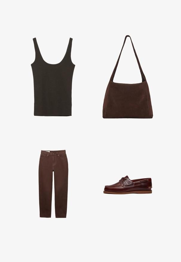 Mørkebrun ærmeløs tanktop med brede skulderstropper og en rund halsudskæring, lagt fladt på en hvid baggrund.; Brune jeans med lige ben, frontknap, lynlåslukning og femlomme-design på hvid baggrund.; Brun læder bådsko med snørre, syningsdetaljer og Timberland-logo på siden, vist på en hvid baggrund.; Brun ruskind skuldertaske med en slaskede form, enkelt bredt bånd og simpelt design. Har synlige syninger langs kanterne.