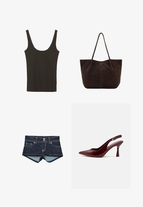 Débardeur marron foncé sans manches avec larges bretelles et encolure dégagée, posé à plat sur un fond blanc.; Shorts en jean bleu foncé avec une doublure intérieure bleu clair, présentant des poches avant, deux boutons et une couture contrastée au niveau de la taille.; Chaussure à talon haut slingback rouge foncé brillant à bout pointu, avec une fine bride réglable et un talon aiguille effilé sur fond blanc.; Sac cabas en daim marron foncé avec de fines bretelles et un design simple, sans ornements, sur fond blanc.