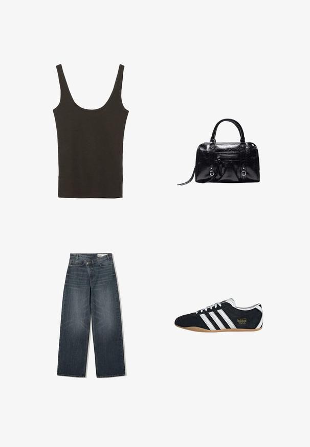 Mørkebrun ærmeløs tanktop med brede skulderstropper og en rund halsudskæring, lagt fladt på en hvid baggrund.; Mørk vaskede denim jeans med en bred benudskæring, der har høj talje, fem lommer og diskrete slidser på forsiden.; Sort ruskinds sneaker med hvide tre striber, guldlogo og en brun gummisål. Har et lavprofil snørebåndsdesign.; Sort skinnende læderhåndtaske med to håndtag, lomme med lynlås foran, spænde detaljer og et håndledsrem på hvid baggrund.