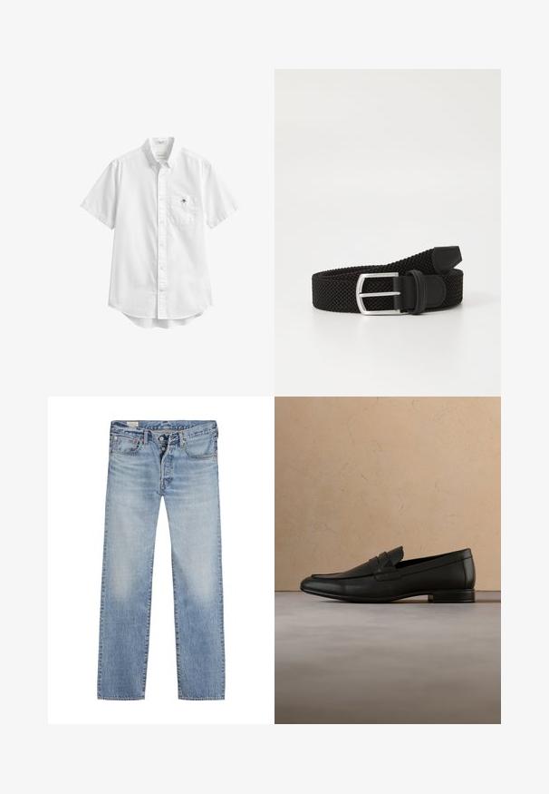 Weißes kurzärmeliges Hemd mit Knöpfen, Brusttasche mit kleinem besticktem Logo und Knopfkragen.; Helle blaue Jeans mit geradem Bein, ausgestattet mit einem Knopfverschluss, einem Fünf-Taschen-Design und einem ausgewaschenen Effekt an den Oberschenkeln.; Schwarzer Lederloafer schwebt über einem beigen Teppich mit beigem Sofa in einem minimalistischen Innenraum.; Anderson's Gürtel - black