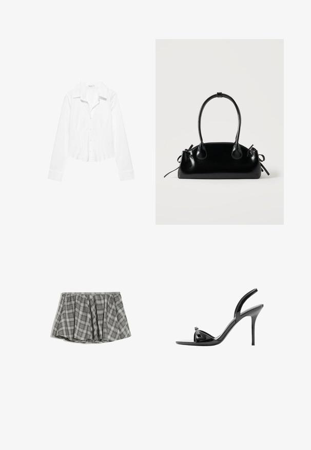 Chemise blanche à manches longues avec col, taille légèrement cintrée et poignets boutonnés, présentée sur fond blanc.; Mini-jupe plissée grise avec motif à carreaux noirs, taille ajustée et coupe évasée.; Sandale noire en cuir verni à talon haut avec talon aiguille fin, bout ouvert et fine bride sur le dessus du pied et autour de la cheville.; Petit sac à main noir brillant avec deux longues anses et des détails à cordon sur les côtés sur un fond clair uni.