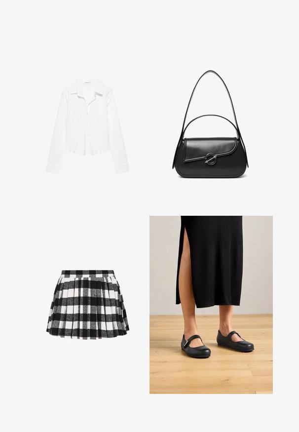 Chemise blanche à manches longues avec col, taille légèrement cintrée et poignets boutonnés, présentée sur fond blanc.; Jupe à carreaux noir et blanc avec des plis, fabriquée en un textile doux avec une surface texturée et une taille ajustée.; Femme en jupe midi noire côtelée avec fente latérale portant des chaussures plates Mary Jane noires sur un sol en bois.; Sac à bandoulière en cuir noir avec un rabat incurvé fermé par un fermoir métallique rond et une sangle fine et ajustable.