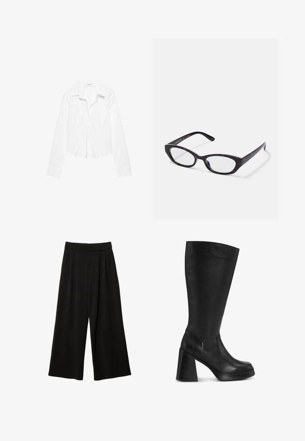 Chemise blanche à manches longues avec col, taille légèrement cintrée et poignets boutonnés, présentée sur fond blanc.; Pantalon noir à jambes larges, taille haute, plis devant, passants pour ceinture et coupe décontractée.; Bottes noires jusqu'au genou en cuir lisse, avec un talon épais et un bout rond. Le design est épuré avec un minimum de matériel.; Lunettes de style œil de chat avec une monture en plastique écaille de tortue foncée et brillante, avec des branches courbées et des verres transparents. Marquage minimal sur le côté.