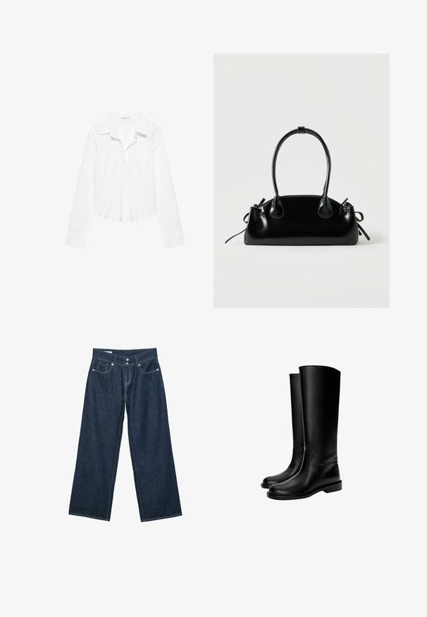 Chemise blanche à manches longues avec col, taille légèrement cintrée et poignets boutonnés, présentée sur fond blanc.; Jeans en denim bleu foncé à jambes larges avec fermeture à double bouton, poches avant et surpiqûres contrastantes sur fond blanc.; Bottes en cuir noires montant jusqu'au genou avec une texture lisse, bout rond, semelle plate et design minimaliste, comprenant des coutures cousues et aucun matériel visible.; Petit sac à main noir brillant avec deux longues anses et des détails à cordon sur les côtés sur un fond clair uni.