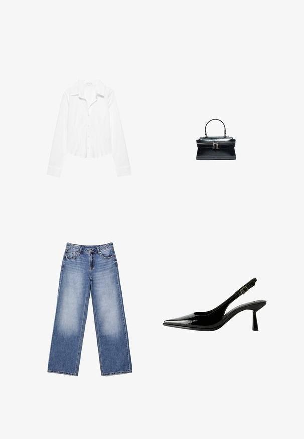 Chemise blanche à manches longues avec col, taille légèrement cintrée et poignets boutonnés, présentée sur fond blanc.; Jeans en denim bleu clair à jambes larges avec poches avant, passants pour ceinture, fermeture par bouton et légère décoloration sur les cuisses avant.; Racine à talon en cuir verni noir avec un nez pointu, des côtés découpés, une bride de cheville ajustable et un talon fin et élégant.; Sac à main en cuir noir avec une poignée supérieure, une texture crocodile et une fermeture double à glissière au centre.